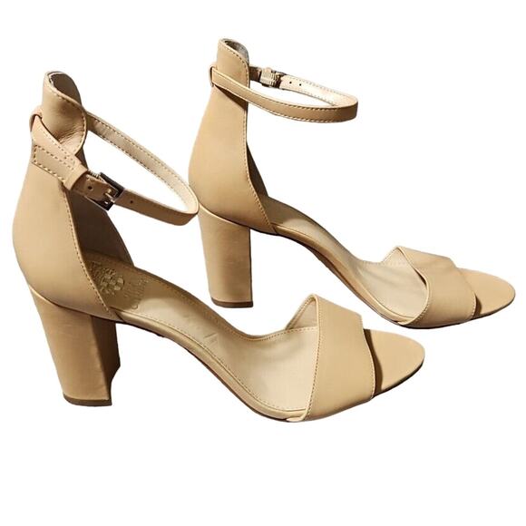 Vince Camuto Corlina Nude Block Heel Sandal Ankle Strap Size 10.5 Tan Leather - Picture 1 of 13